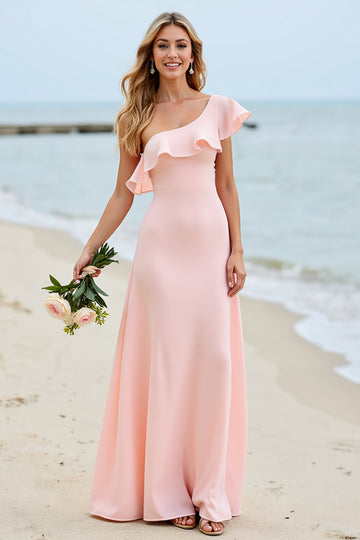 One Shoulder A Line Candy Pink Bridesmaid Dress with Ruffles